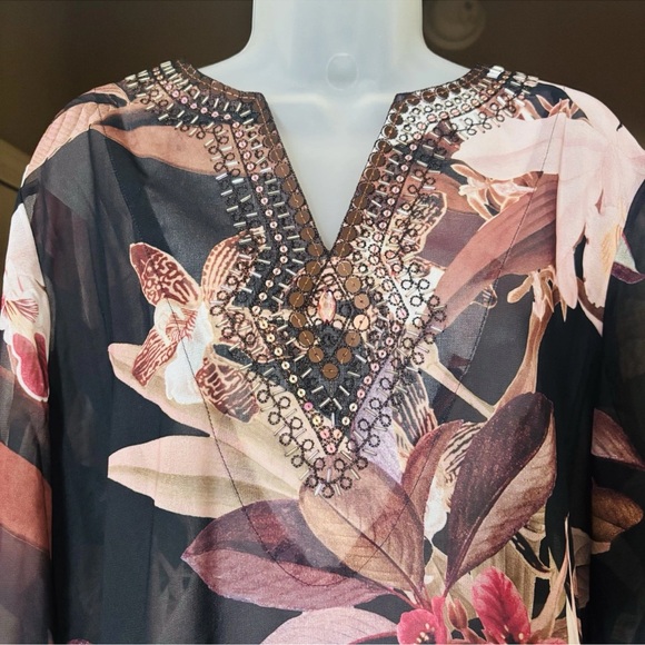 Chico's Size 1 Medium Beaded Neckline Brown Floral Semi-Sheer 3/4 Tunic Top - Picture 2 of 11